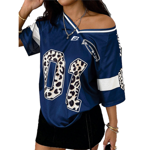 Women Jersey Mesh Number <b>Print</b> Relaxed Fit Short Sleeve Sports Top <b>Leopard</b> Pattern Graphic Athletic Team Shirt <b>Sweatshirt</b> - Product Image 2