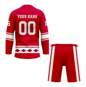 Maillot de hockey sur glace pour équipe, rouge, sublimé, avec rayures et motifs en diamants blancs, manches longues, col rond, évacuation de l'humidité, pour homme adulte - Product Image 2