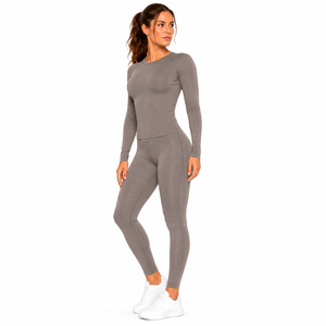 Comfortable Gym Wear Women Solid Colour Activewear Set Premium Soft Yoga <b>Leggings</b> Slim Fit Long Sleeve Compression <b>Seamless</b> - Product Image 3