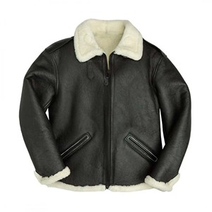Veste bomber noire pour homme, col en fourrure blanche, manteau en peau de mouton véritable, veste d'aviateur en cuir chaud pour l'hiver - Product Image 1