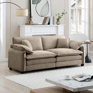 Warm and Cozy Tan Corduroy 2-Seater Living Room <b>Sofa</b> with 4 Upholstered Large Deep Seat <b>Pillows</b> for Home Entertainment - Product Image 1
