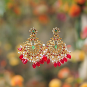 Red Bead Stud Earrings-Trendy Gold Plated Pearl & Diamond Flower Design - Product Image 3