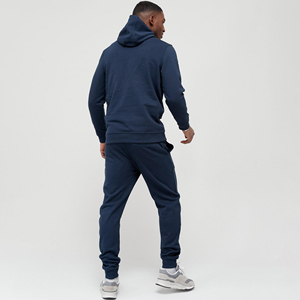 Men's Navy Blue Hooded <b>Tracksuit</b> Full Length Solid Color Casual Wear 100% Cotton Breathable Regular Fit With Side Pockets - Product Image 3