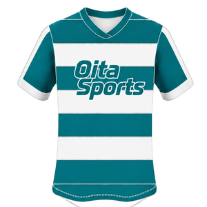 Conjunto de Uniforme de Rugby de Manga Corta en Blanco y Verde Azulado, Jersey de Rugby a Rayas con Cuello Redondo, Pantalones Cortos con Cordón, Ropa Deportiva para Entrenamiento y Equipo - Product Image 3