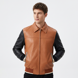 Veste en cuir marron pour homme avec manches noires, col rabattu, fermeture éclair, style décontracté d'automne - Product Image 3