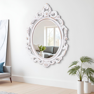 Miroir mural ovale orné vintage avec cadre en bois blanc, miroir décoratif de style antique pour salon, couloir, salle de bain - Product Image 5