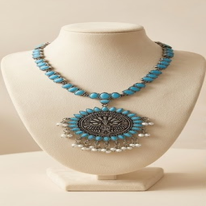 DIVYORO SUNBURST OXIDIZED BRASS <b>NECKLACE</b>-Women's Ethnic <b>Long</b> Adjustable Length Party Jewelry - Product Image 1