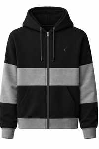 <b>Men's</b> Color Block Zip Up Hoodie <b>Black</b> Gray Front Logo Casual Long Sleeve Hooded <b>Sweatshirt</b> - Product Image 1