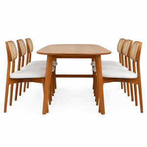 Ensemble de table à manger ovale en teck massif Niwara avec chaises rembourrées à dossier en rotin tressé, 6 pièces, style moderne du milieu du siècle, de qualité supérieure, pour cuisine et hôtel - Product Image 1