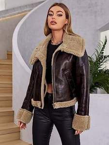 <b>Women's</b> Genuine Leather <b>Racer</b> <b>Jacket</b> Solid Color Zipper Closure Sherpa Lined Fur Trim Autumn Winter Outerwear Regular Length - Product Image 5