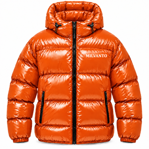 Chaqueta Acolchada Naranja para Hombre con Logotipo Personalizado |   Chaqueta Acolchada con Capucha de Alto Brillo |   Chaquetas de burbujas premium para el invierno - Product Image 1