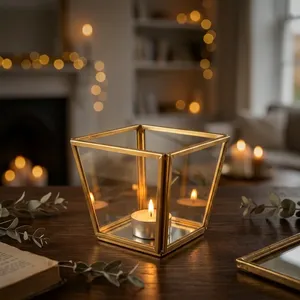 Square Glass <b>Lantern</b> votive With <b>Gold</b> Frame Reusable Home Decoration - Product Image 2