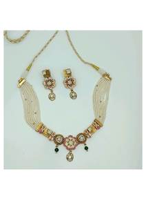 Ensemble de collier ras-de-cou traditionnel en argent plaqué avec perles, motif floral rose, perles vertes et boucles d'oreilles assorties, bijoux ethniques - Product Image 2