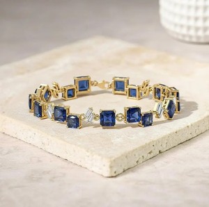 Pulsera con Dije de Zafiro Azul Cultivado en Laboratorio, Corte Princesa, para Mujer, Plata de Ley 925, Chapada en Oro, Joyería Fina Elegante, Regalo - Product Image 1