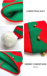 Unisex Knitted <b>Elf</b> <b>Hat</b> Red Green Color Blocking With Bells And Pom Pom Winter Party Beanie <b>Adult</b> Size 56-58CM - Product Image 3