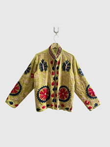 Green <b>Velvet</b> Embroidered Eye Pattern Mandarin Collar Jacket Full Sleeve Geometric Design Hand Embroidery Adult Autumn Wear - Product Image 1