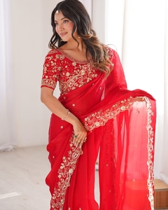 KV Satin <b>Red</b> Embellished Designer Saree With Unstitched <b>Blouse</b> - Product Image 1
