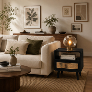 Mueble de Dormitorio, Mesita de Noche de Madera de Teca Premium, Estilo Moderno de Mediados de Siglo, Calidad de Exportación, Nero Woven, 1 Cajón, Acabado Negro - Product Image 4