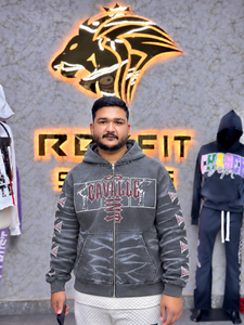 Sweat à capuche zippé personnalisé en molleton épais French Terry, délavé à l'acide, imprimé sérigraphié, pour homme, avec impression sur les manches, style streetwear - Product Image 5