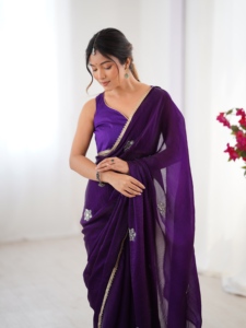 Sari en soie multicolore brodé de perles avec bordure dorée, séchage rapide, pour femme, idéal pour les fêtes et mariages, tenue traditionnelle indienne et pakistanaise - Product Image 1
