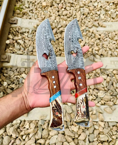 Cuchillo de caza OEM Wirecut de acero de Damasco, tipo Skinner, con mango de asta de ciervo, gancho para desollar, hoja fija, para camping, actividades al aire libre y EDC, con funda de cuero - Product Image 5