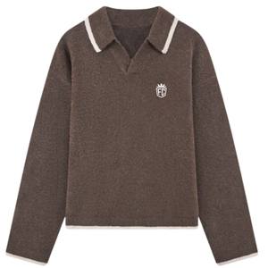 Pull en maille pour homme, marron, manches longues, col boutonné texturé, pull décontracté d'hiver, mélange de coton - Product Image 1