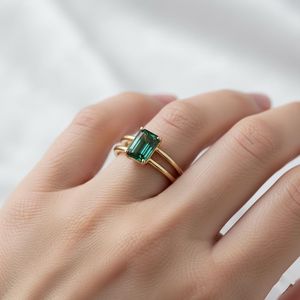 Green Emerald <b>Ring</b> 925 Sterling Silver 14K Gold Plated Minimalist Solitaire Dainty <b>Stacking</b> Engagement Promise <b>Ring</b> - Product Image 4