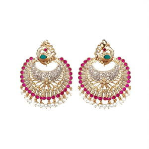 Vintage Peacock Style Chandbali Drop Earrings with Jade Pearl and Diamond - Product Image 2