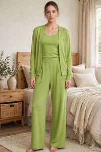 <b>Women</b> 3 Piece Lounge Set Green Solid Long Sleeve <b>Cardigan</b> Tank Top Wide Leg Pants - Product Image 5