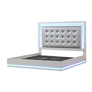 Cama Queen con LED y Estructura de Madera Tapizada en Blanco Leche - Product Image 2