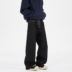 Jean large noir pour homme, taille haute, fermeture boutonnée, en coton délavé, décontracté, mi-saison, poids moyen - Product Image 4
