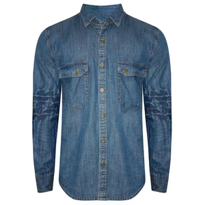 Camisa de mezclilla para hombre con bordado en el hombro, lavado claro, manga larga, algodón, estilo casual vintage. - Product Image 5