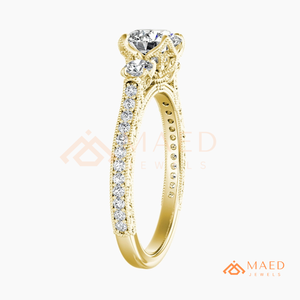 แหวนหมั้นทองคำ 14K/18K ทรงกลมประดับเพชรสามเม็ด พร้อมลายมิลเกรนและเพชรพาเว่ |   แหวนแต่งงานวินเทจสุดหรู - Product Image 5