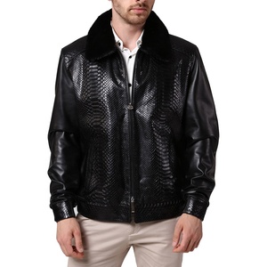 Blouson en cuir de python et cuir de vachette véritable sur mesure pour homme, style motard, hiver, respirant, service OEM, col montant, logo avant, échantillon - Product Image 1