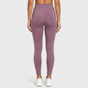 Leggings taille haute pleine longueur, couleur unie violet, tricotés, extensibles, respirants, style sportif, design sans couture - Product Image 5