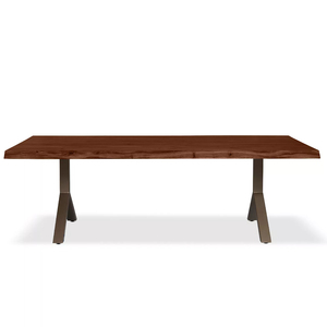 Table de salle à manger authentique de style américain en bois d'acacia massif à bord naturel avec finition noyer et base en laiton simple et durable - Product Image 2