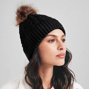 Bonnet tricoté unisexe avec pompon, couleur unie, tricot torsadé, couvre-chef d'hiver pour l'extérieur, 56-58 cm, style décontracté - Product Image 3