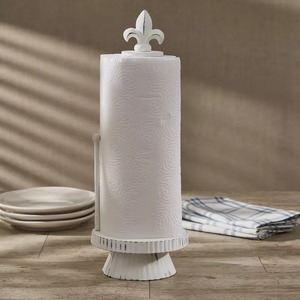 Soporte de papel toalla de madera vintage blanco con diseño de flor de lis y barra de corte - Product Image 2