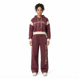 Custom Women Acid Wash Burgundy Color Block <b>Cropped</b> Hoodie Wide Leg <b>Jogger</b> Set Cotton Fleece Tracksuit OEM Wholesale - Product Image 1