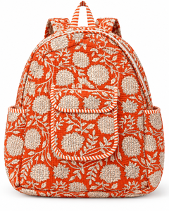 Gorgeous Orange Floral Quilted Backpack Handmade Cotton <b>Bag</b> Boho Indian Style Travel Backpack Lightweight Everyday Carry - Product Image 5
