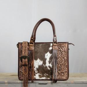 Bolso Tote de Cuero Genuino Vintage con Paneles Florales Bordados y Sección Central de Piel de Vaca para Uso Diario en Todas las Estaciones - Product Image 1
