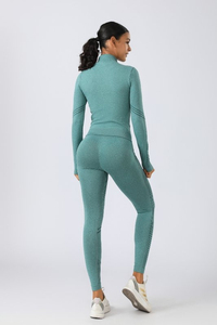 Conjunto de Yoga para Mujer, Color Sólido, Leggings de Cintura Alta, Top Corto, Chaqueta con Cierre de Cremallera de Cuarto, Sin Costuras, Elástico en Cuatro Direcciones, 2 Piezas - Product Image 4