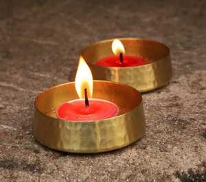 Skies Trader Set of 2 Hammered Brass Tea Light Holder Metal Gold Round Votive Cup Tabletop <b>Candle</b> Stand for Wedding Spa Events - Product Image 1