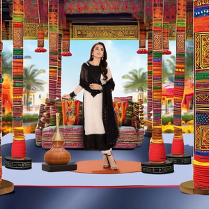 ชุดสูทผ้าเครปเนื้อหนักปักลายด้วยด้ายและเลื่อมอย่างประณีต พร้อมผ้าคลุมไหล่แบบดั้งเดิม - Product Image 1