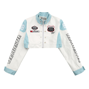 Firstly Women's Moto <b>Jacket</b> <b>White</b> Black Contrast Cropped Biker Style Zipper Closure Turn-down Collar Autumn Wear - Product Image 3