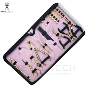 Nouvel arrivage : Kit d'application d'extensions capillaires avec étui rose, pinces plaquées or, ciseaux rasoirs, pinces de sectionnement et peigne à queue - Product Image 2