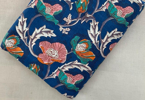 Blue Floral Hand Block Printed Cotton <b>Fabric</b> Indian Dress Material <b>Fabric</b> for Kurti Sewing Wholesale - Product Image 1