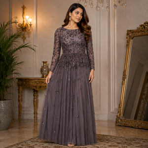 Vestido de Noche Largo de Lujo Gris con Cuentas Bordadas, Elegante Vestido Formal de Fiesta de Manga Larga, Vestido Premium para Boda, Cóctel o Graduación - Product Image 2