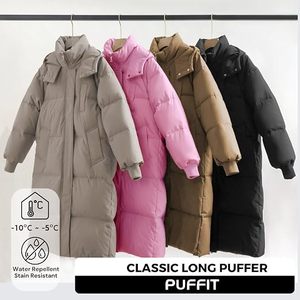 Veste longue matelassée rose pour femme, manteau d'hiver à capuche, manches longues, couleur unie, épaisse et chaude, en fibre de polyester - Product Image 4