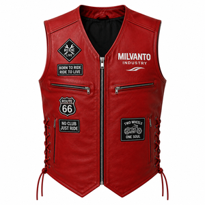 Gilet de moto pour homme en cuir véritable 100% |   Gilet de motard rouge personnalisé avec patchs brodés, design à lacets latéraux et multiples fermetures éclair - Product Image 5